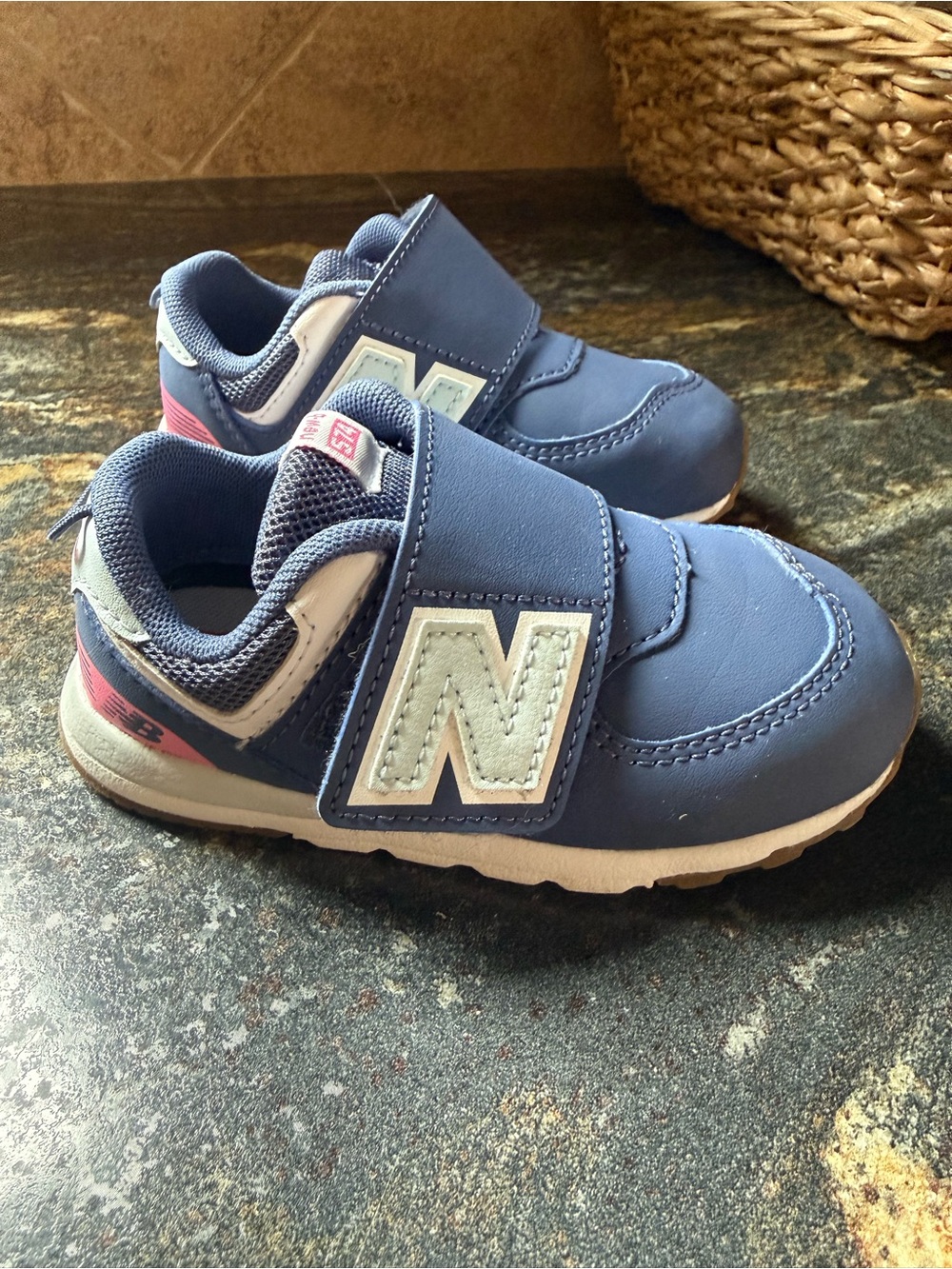 New Balance Navy and Pink Kids Velcro Sneakers